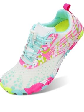 Women’s Lightweight White Pink Aqua Quick Dry Water Shoes Size 9.5